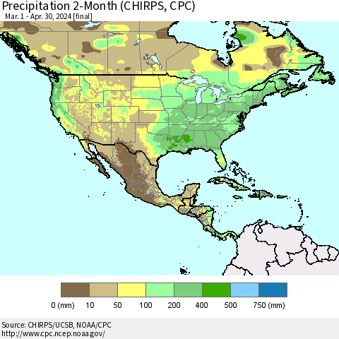 North America Precipitation 2-Month (CHIRPS) Thematic Map For 3/1/2024 - 4/30/2024
