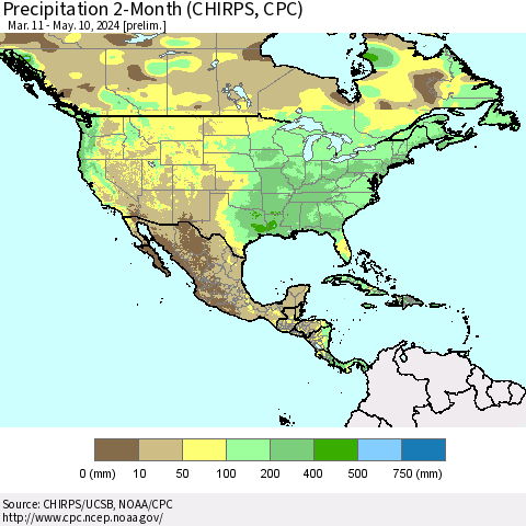 North America Precipitation 2-Month (CHIRPS) Thematic Map For 3/11/2024 - 5/10/2024
