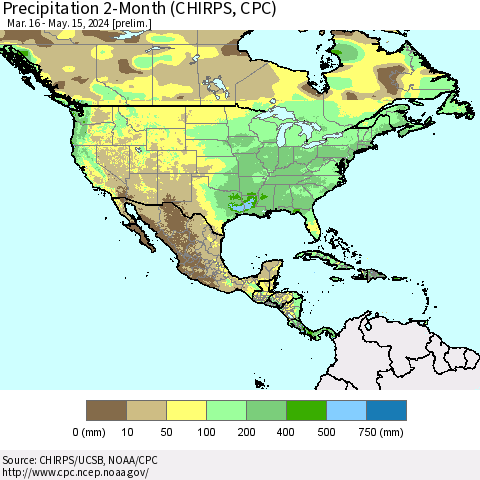 North America Precipitation 2-Month (CHIRPS) Thematic Map For 3/16/2024 - 5/15/2024