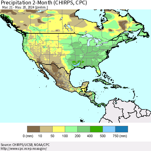 North America Precipitation 2-Month (CHIRPS) Thematic Map For 3/21/2024 - 5/20/2024