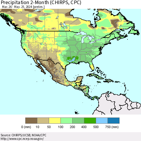 North America Precipitation 2-Month (CHIRPS) Thematic Map For 3/26/2024 - 5/25/2024