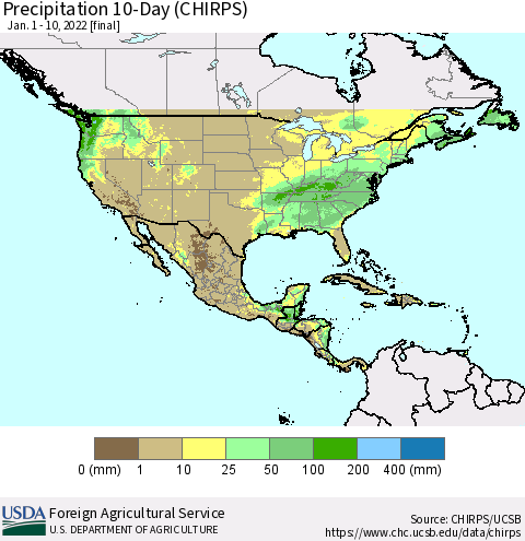 North America Precipitation 10-Day (CHIRPS) Thematic Map For 1/1/2022 - 1/10/2022
