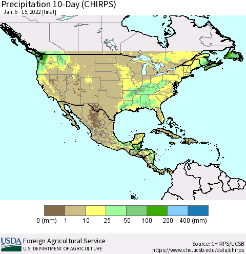 North America Precipitation 10-Day (CHIRPS) Thematic Map For 1/6/2022 - 1/15/2022