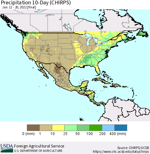North America Precipitation 10-Day (CHIRPS) Thematic Map For 1/11/2022 - 1/20/2022