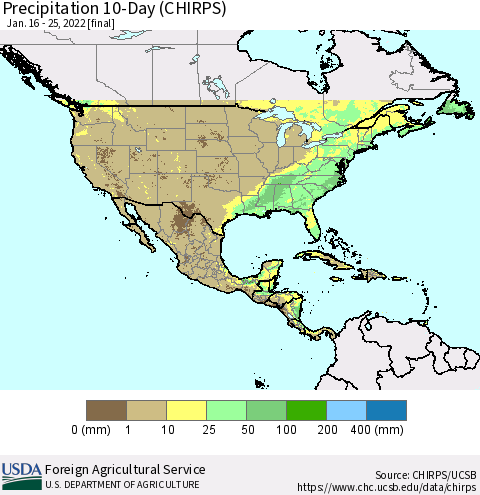 North America Precipitation 10-Day (CHIRPS) Thematic Map For 1/16/2022 - 1/25/2022