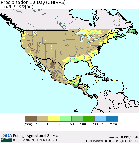 North America Precipitation 10-Day (CHIRPS) Thematic Map For 1/21/2022 - 1/31/2022