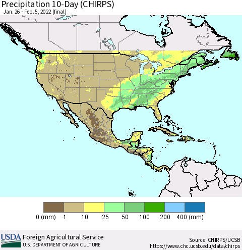 North America Precipitation 10-Day (CHIRPS) Thematic Map For 1/26/2022 - 2/5/2022