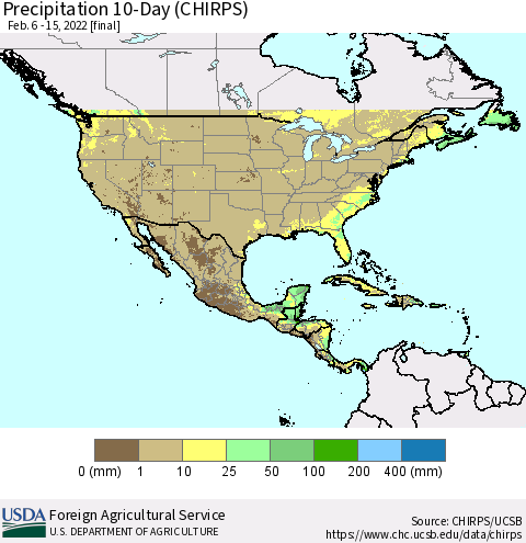 North America Precipitation 10-Day (CHIRPS) Thematic Map For 2/6/2022 - 2/15/2022