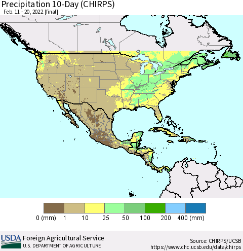 North America Precipitation 10-Day (CHIRPS) Thematic Map For 2/11/2022 - 2/20/2022