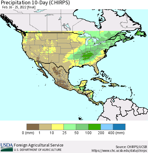 North America Precipitation 10-Day (CHIRPS) Thematic Map For 2/16/2022 - 2/25/2022