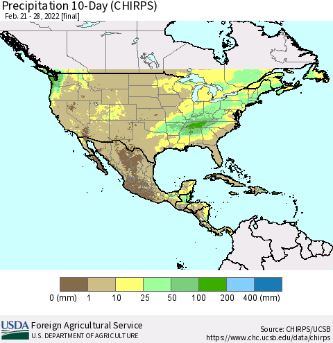 North America Precipitation 10-Day (CHIRPS) Thematic Map For 2/21/2022 - 2/28/2022