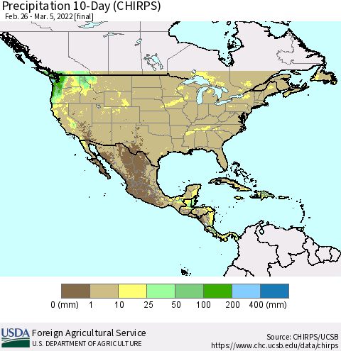 North America Precipitation 10-Day (CHIRPS) Thematic Map For 2/26/2022 - 3/5/2022