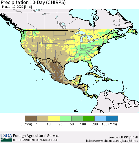 North America Precipitation 10-Day (CHIRPS) Thematic Map For 3/1/2022 - 3/10/2022