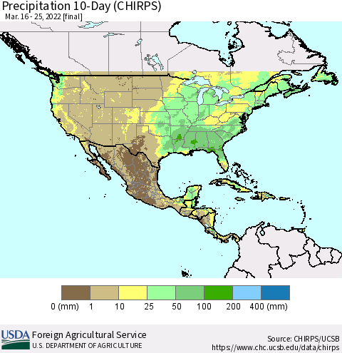North America Precipitation 10-Day (CHIRPS) Thematic Map For 3/16/2022 - 3/25/2022