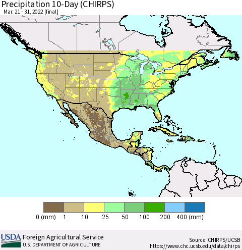North America Precipitation 10-Day (CHIRPS) Thematic Map For 3/21/2022 - 3/31/2022