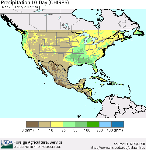 North America Precipitation 10-Day (CHIRPS) Thematic Map For 3/26/2022 - 4/5/2022