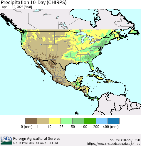 North America Precipitation 10-Day (CHIRPS) Thematic Map For 4/1/2022 - 4/10/2022