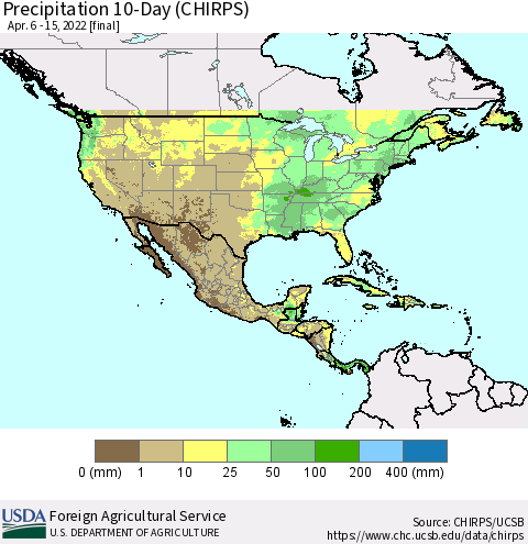 North America Precipitation 10-Day (CHIRPS) Thematic Map For 4/6/2022 - 4/15/2022