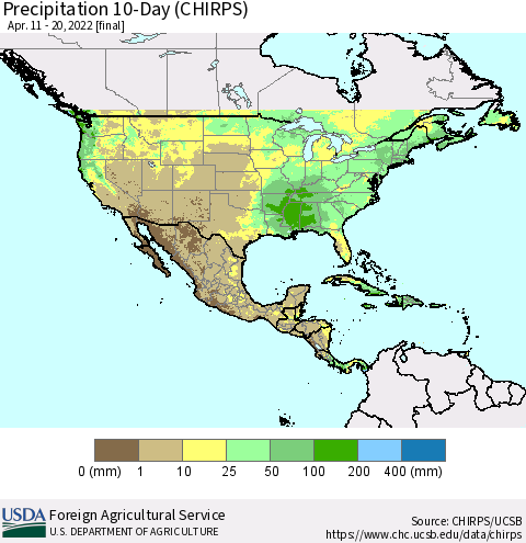 North America Precipitation 10-Day (CHIRPS) Thematic Map For 4/11/2022 - 4/20/2022