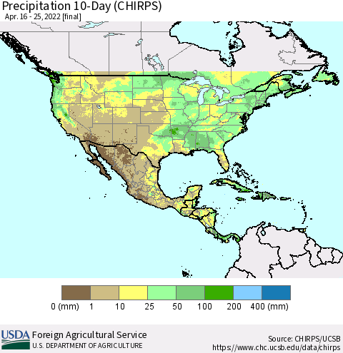 North America Precipitation 10-Day (CHIRPS) Thematic Map For 4/16/2022 - 4/25/2022