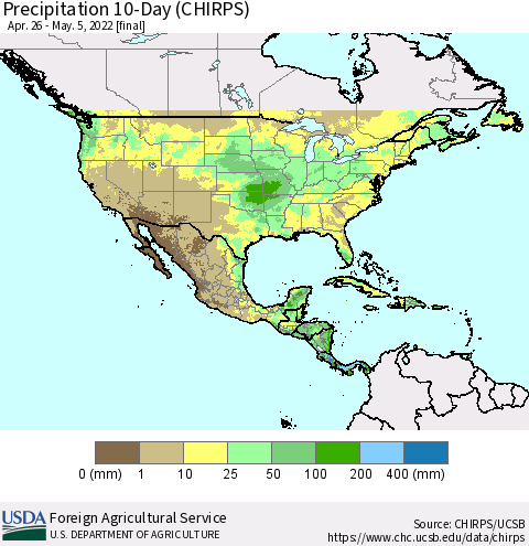 North America Precipitation 10-Day (CHIRPS) Thematic Map For 4/26/2022 - 5/5/2022