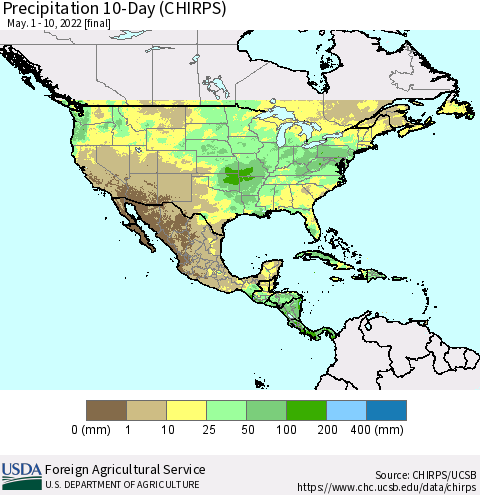 North America Precipitation 10-Day (CHIRPS) Thematic Map For 5/1/2022 - 5/10/2022