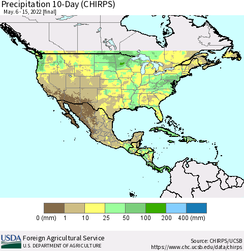 North America Precipitation 10-Day (CHIRPS) Thematic Map For 5/6/2022 - 5/15/2022