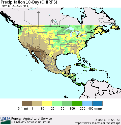 North America Precipitation 10-Day (CHIRPS) Thematic Map For 5/11/2022 - 5/20/2022