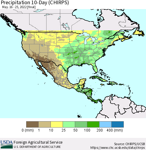 North America Precipitation 10-Day (CHIRPS) Thematic Map For 5/16/2022 - 5/25/2022