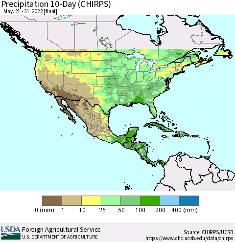 North America Precipitation 10-Day (CHIRPS) Thematic Map For 5/21/2022 - 5/31/2022