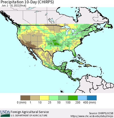 North America Precipitation 10-Day (CHIRPS) Thematic Map For 6/1/2022 - 6/10/2022