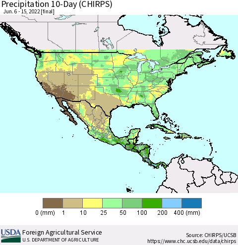 North America Precipitation 10-Day (CHIRPS) Thematic Map For 6/6/2022 - 6/15/2022