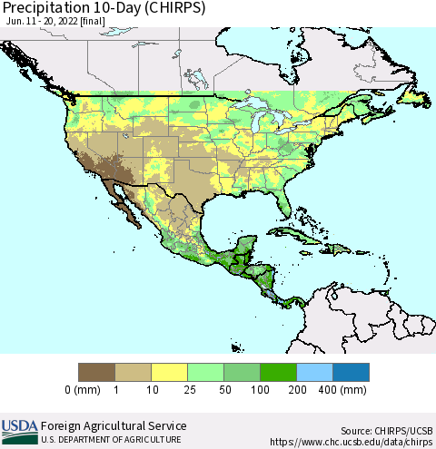 North America Precipitation 10-Day (CHIRPS) Thematic Map For 6/11/2022 - 6/20/2022