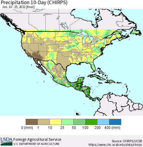 North America Precipitation 10-Day (CHIRPS) Thematic Map For 6/16/2022 - 6/25/2022