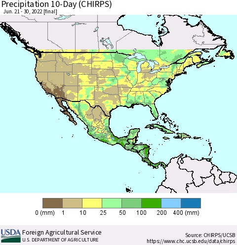 North America Precipitation 10-Day (CHIRPS) Thematic Map For 6/21/2022 - 6/30/2022