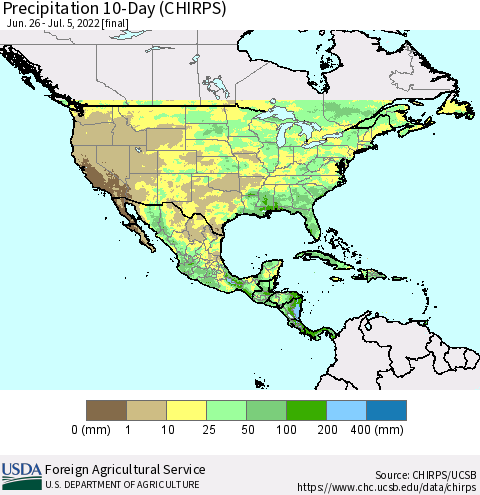 North America Precipitation 10-Day (CHIRPS) Thematic Map For 6/26/2022 - 7/5/2022