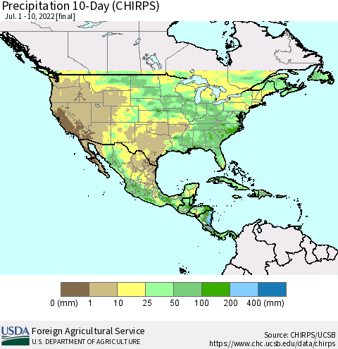 North America Precipitation 10-Day (CHIRPS) Thematic Map For 7/1/2022 - 7/10/2022