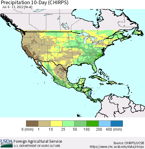 North America Precipitation 10-Day (CHIRPS) Thematic Map For 7/6/2022 - 7/15/2022