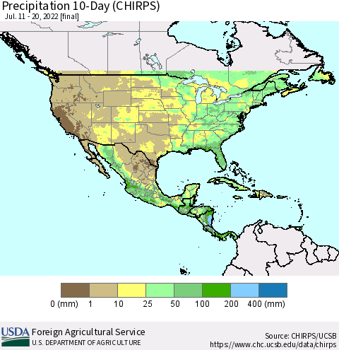 North America Precipitation 10-Day (CHIRPS) Thematic Map For 7/11/2022 - 7/20/2022