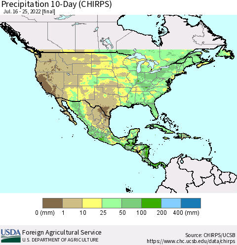 North America Precipitation 10-Day (CHIRPS) Thematic Map For 7/16/2022 - 7/25/2022