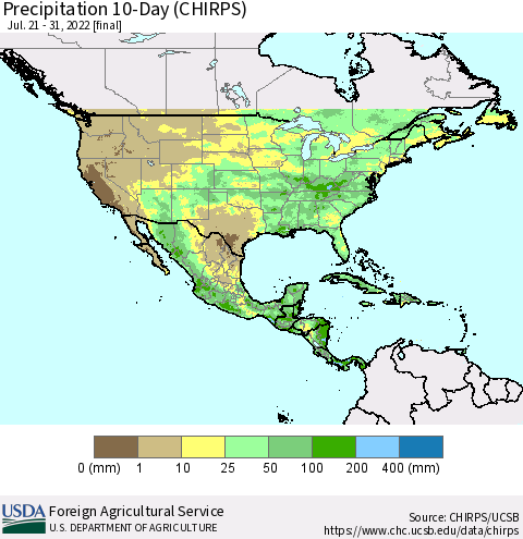 North America Precipitation 10-Day (CHIRPS) Thematic Map For 7/21/2022 - 7/31/2022