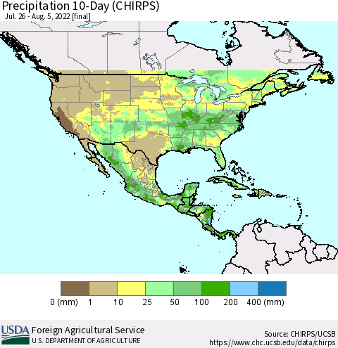 North America Precipitation 10-Day (CHIRPS) Thematic Map For 7/26/2022 - 8/5/2022