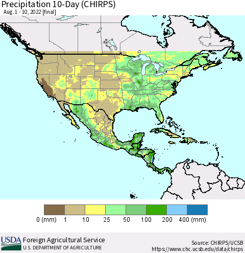 North America Precipitation 10-Day (CHIRPS) Thematic Map For 8/1/2022 - 8/10/2022