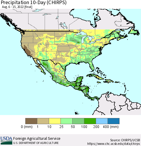 North America Precipitation 10-Day (CHIRPS) Thematic Map For 8/6/2022 - 8/15/2022