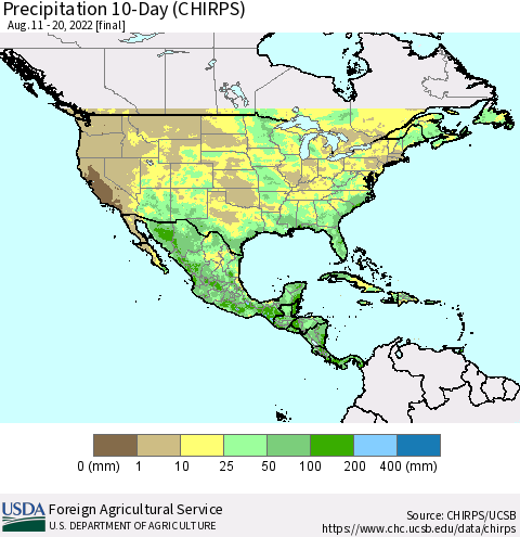 North America Precipitation 10-Day (CHIRPS) Thematic Map For 8/11/2022 - 8/20/2022