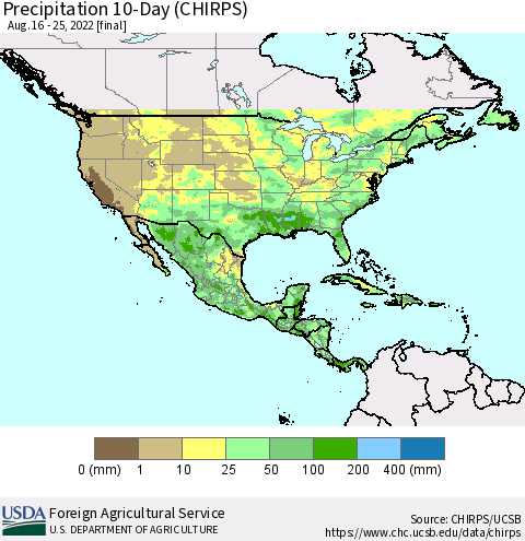 North America Precipitation 10-Day (CHIRPS) Thematic Map For 8/16/2022 - 8/25/2022