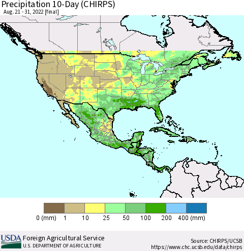 North America Precipitation 10-Day (CHIRPS) Thematic Map For 8/21/2022 - 8/31/2022