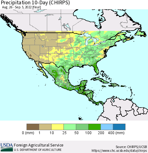 North America Precipitation 10-Day (CHIRPS) Thematic Map For 8/26/2022 - 9/5/2022