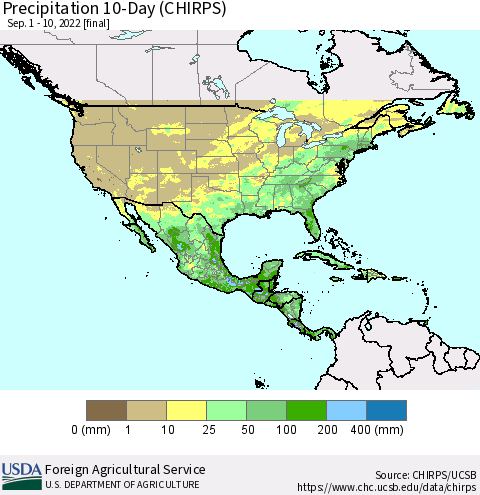 North America Precipitation 10-Day (CHIRPS) Thematic Map For 9/1/2022 - 9/10/2022