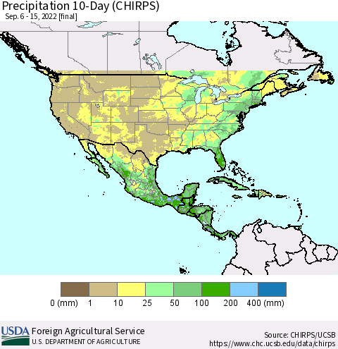 North America Precipitation 10-Day (CHIRPS) Thematic Map For 9/6/2022 - 9/15/2022